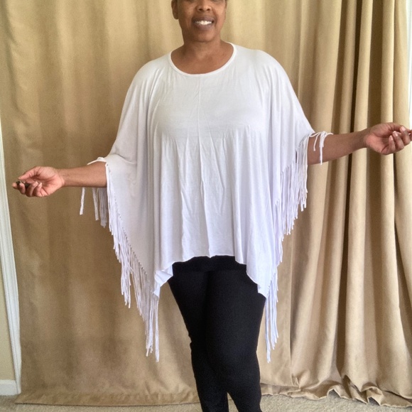 Fringe Poncho, White, size 1X - Picture 2 of 7